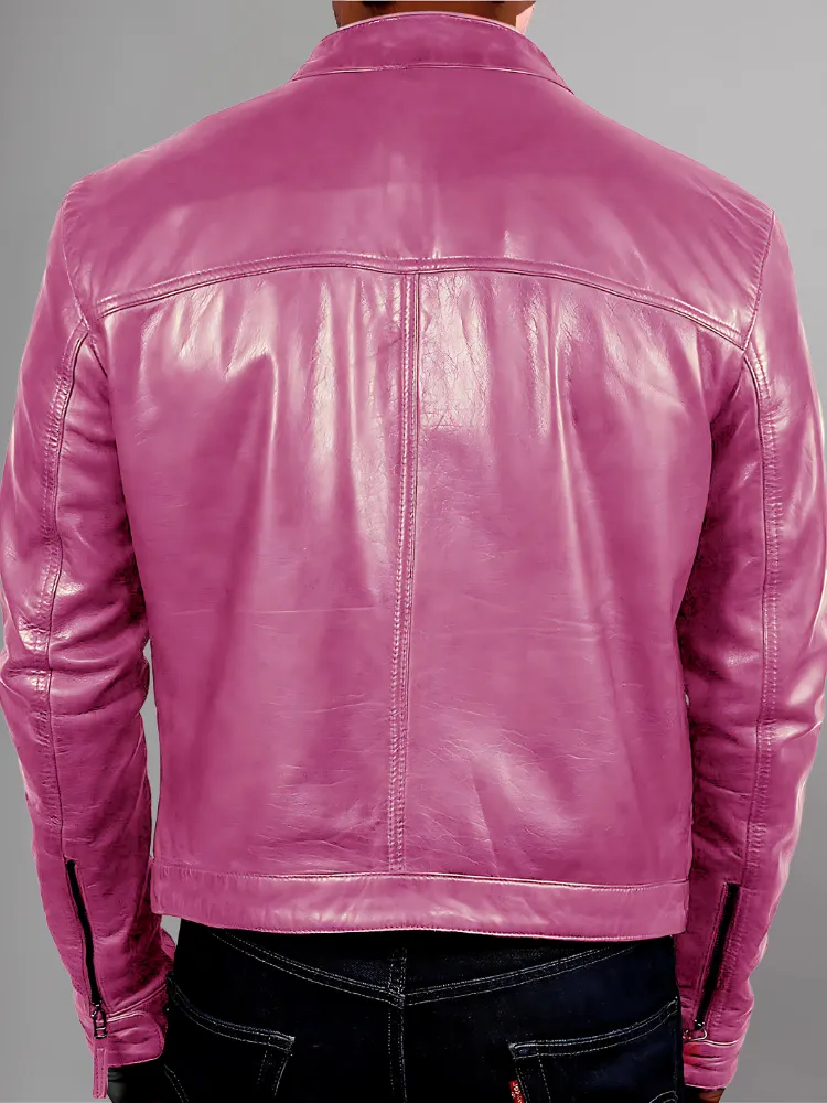 Mens Pink Biker Motorcycle Cafe Racer Jacket made with Genuine Sheepskin Leather