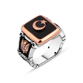 Moon and Star on Black Square Onyx Stone Silver Men's Ring Siding Ottoman Coat of Arms