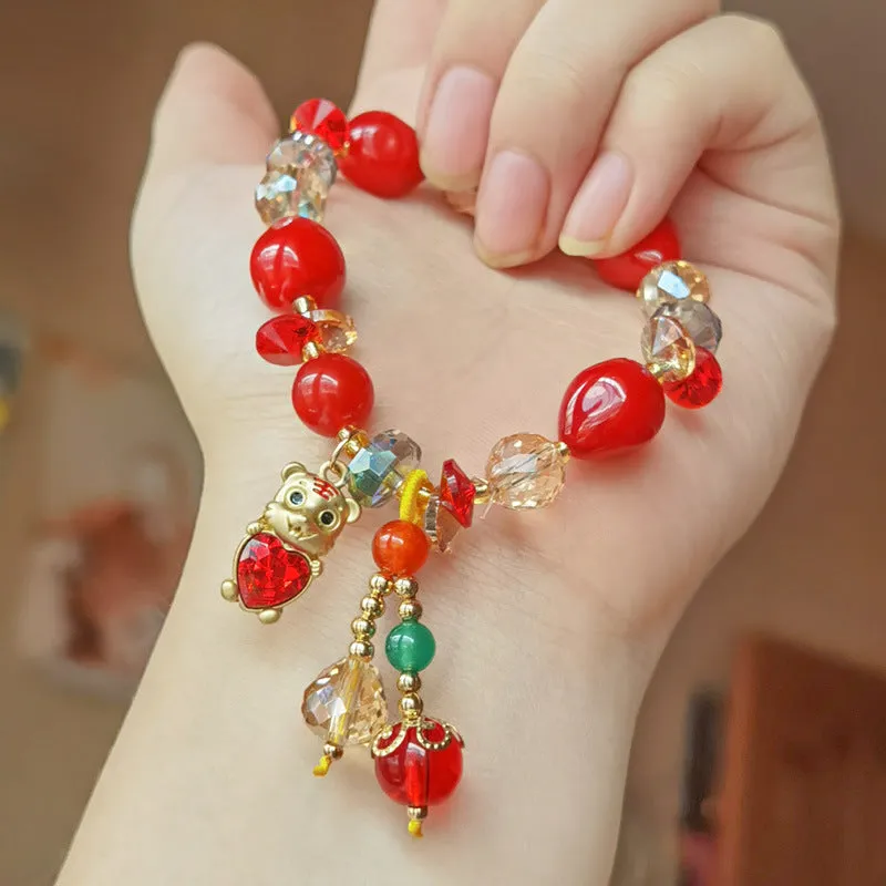 Multi-Color Crystal Red Heart Bear Bead Bracelet