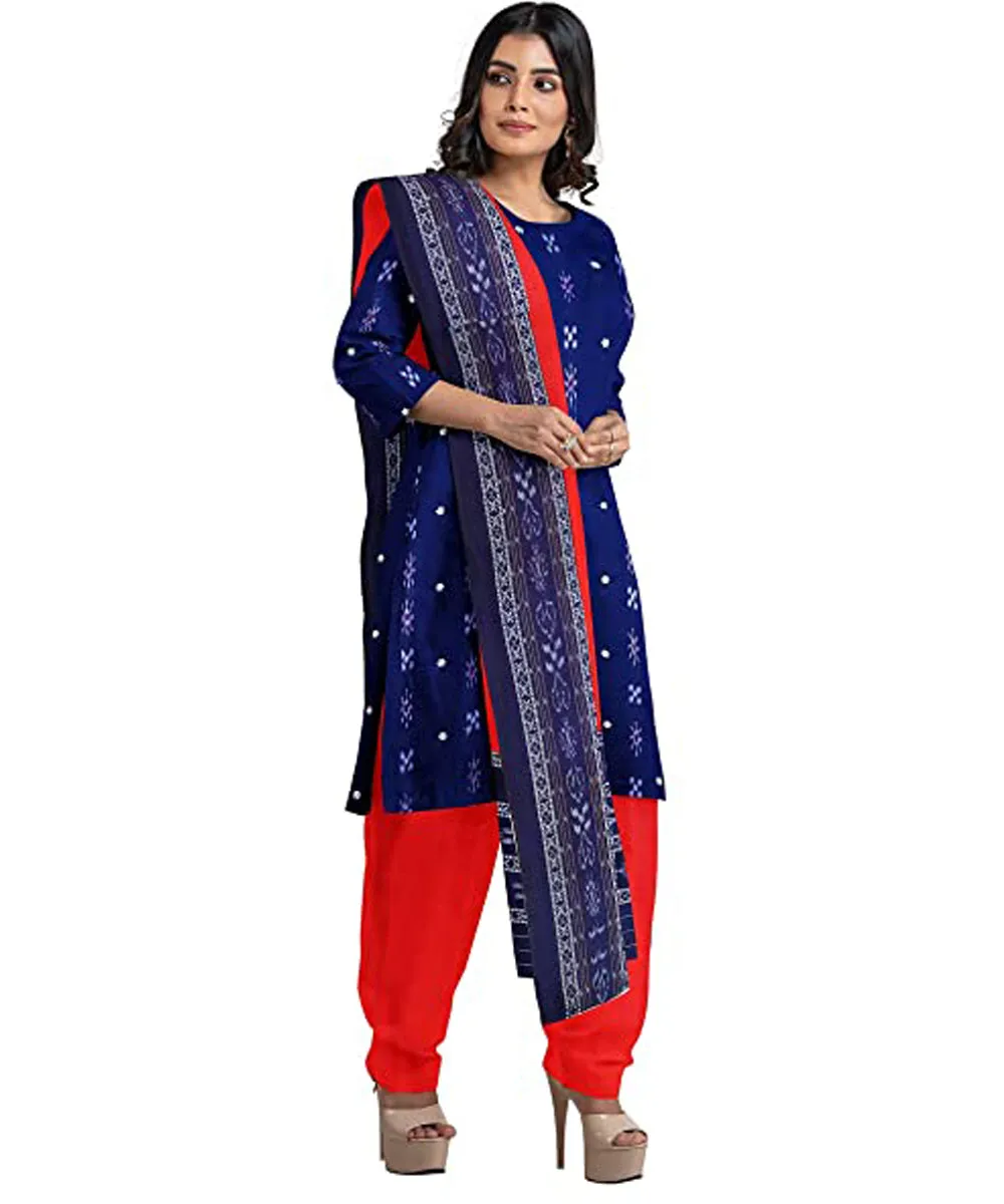 Navy blue orange handwoven cotton nuapatna dress material