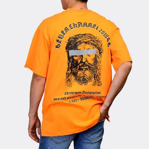 Orange Graphic Short Sleeved T-Shirts Mens Loose Fit Crewneck Tees