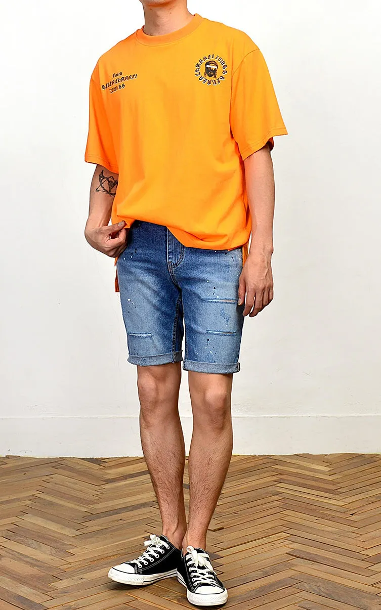 Orange Graphic Short Sleeved T-Shirts Mens Loose Fit Crewneck Tees