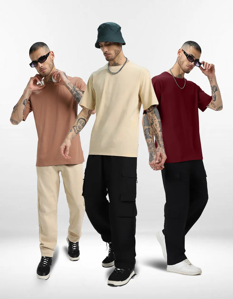 Pack of 3 Oversized Tees: Maroon & Cork & Swanwhite