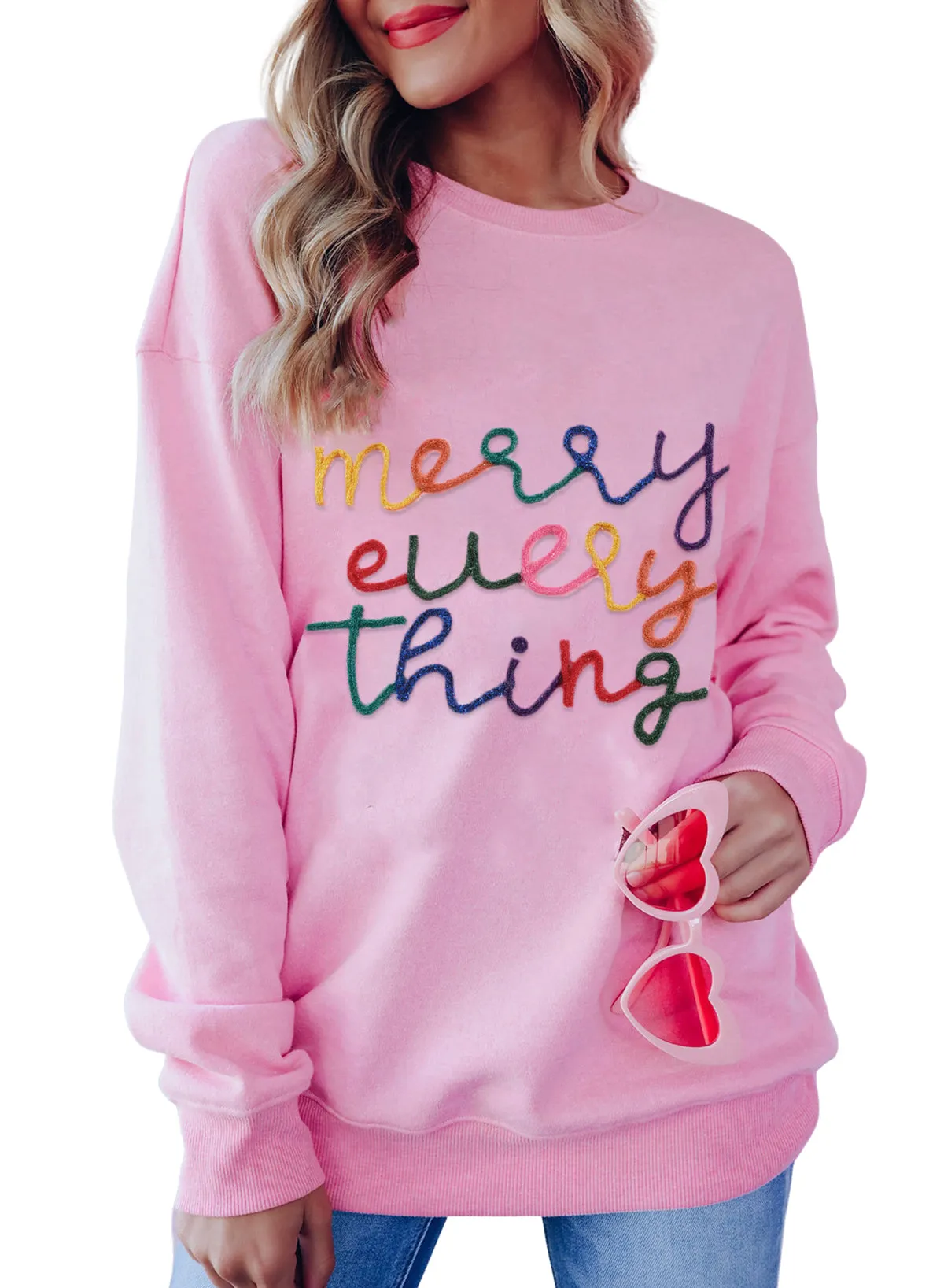 Peach Blossom Merry Every Thing Glitter Slogan Sweatshirt