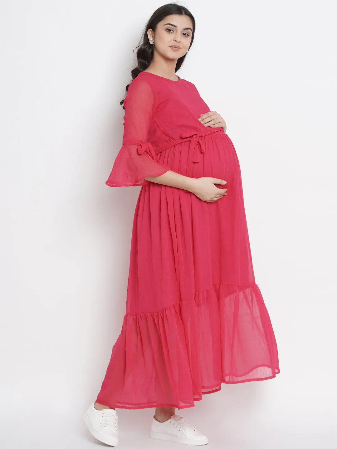 Pink Chiffon Maternity Maxi Dress