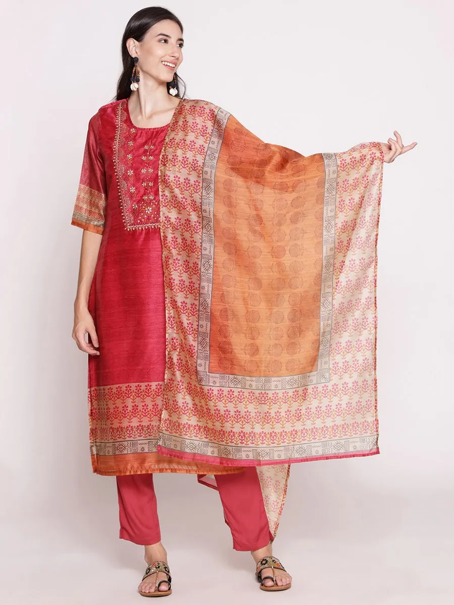 Pink Floral Printed Kurta Trouser Dupatta