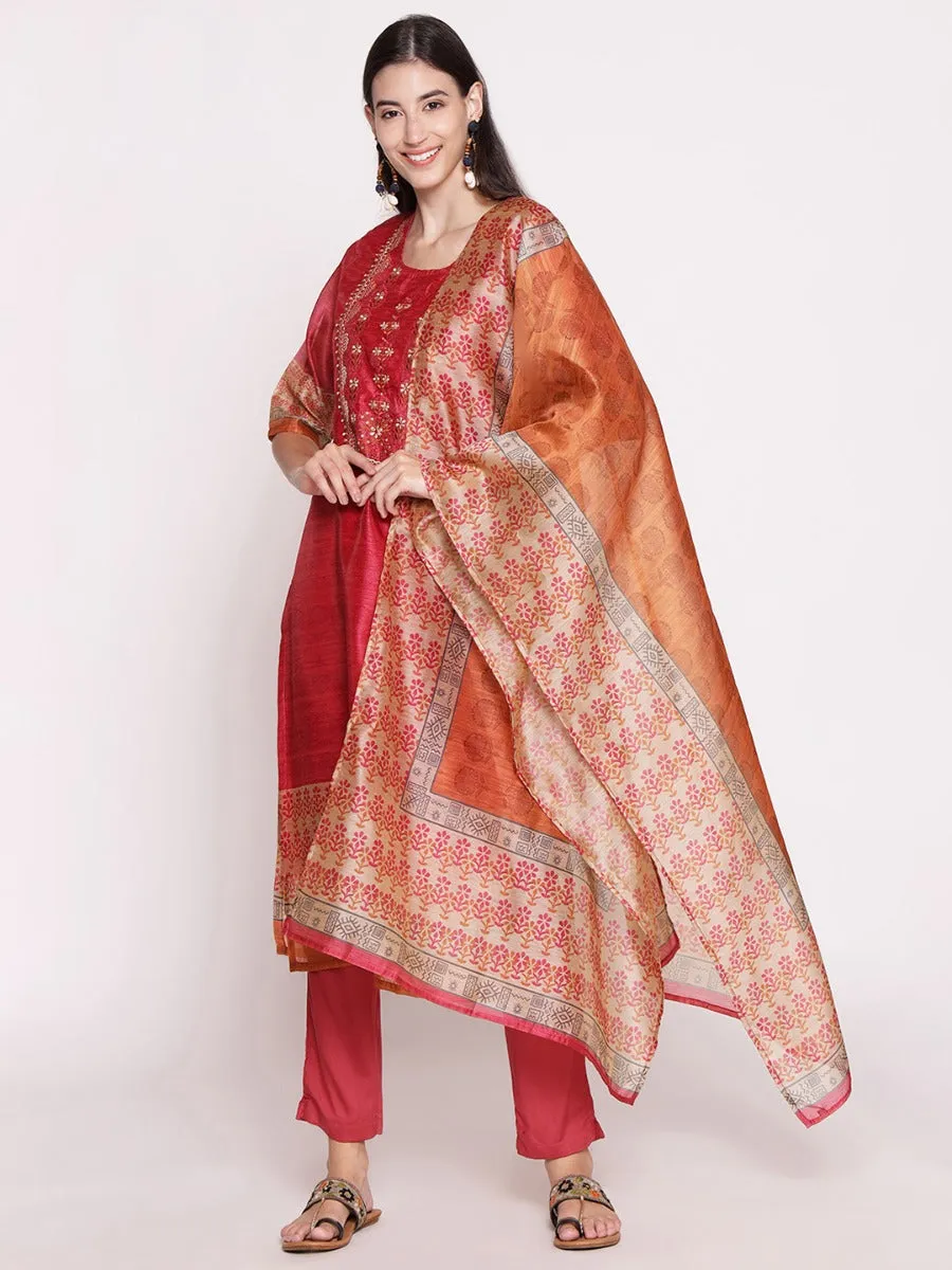 Pink Floral Printed Kurta Trouser Dupatta