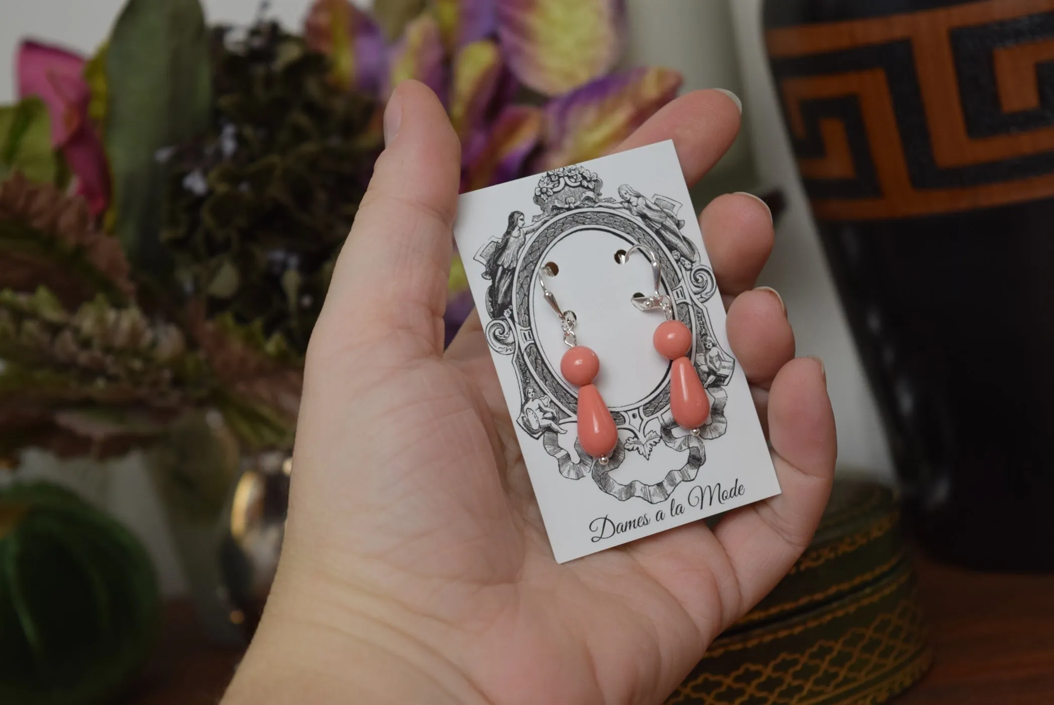 Pink Pearl Coral 2-stone teardrop earrings