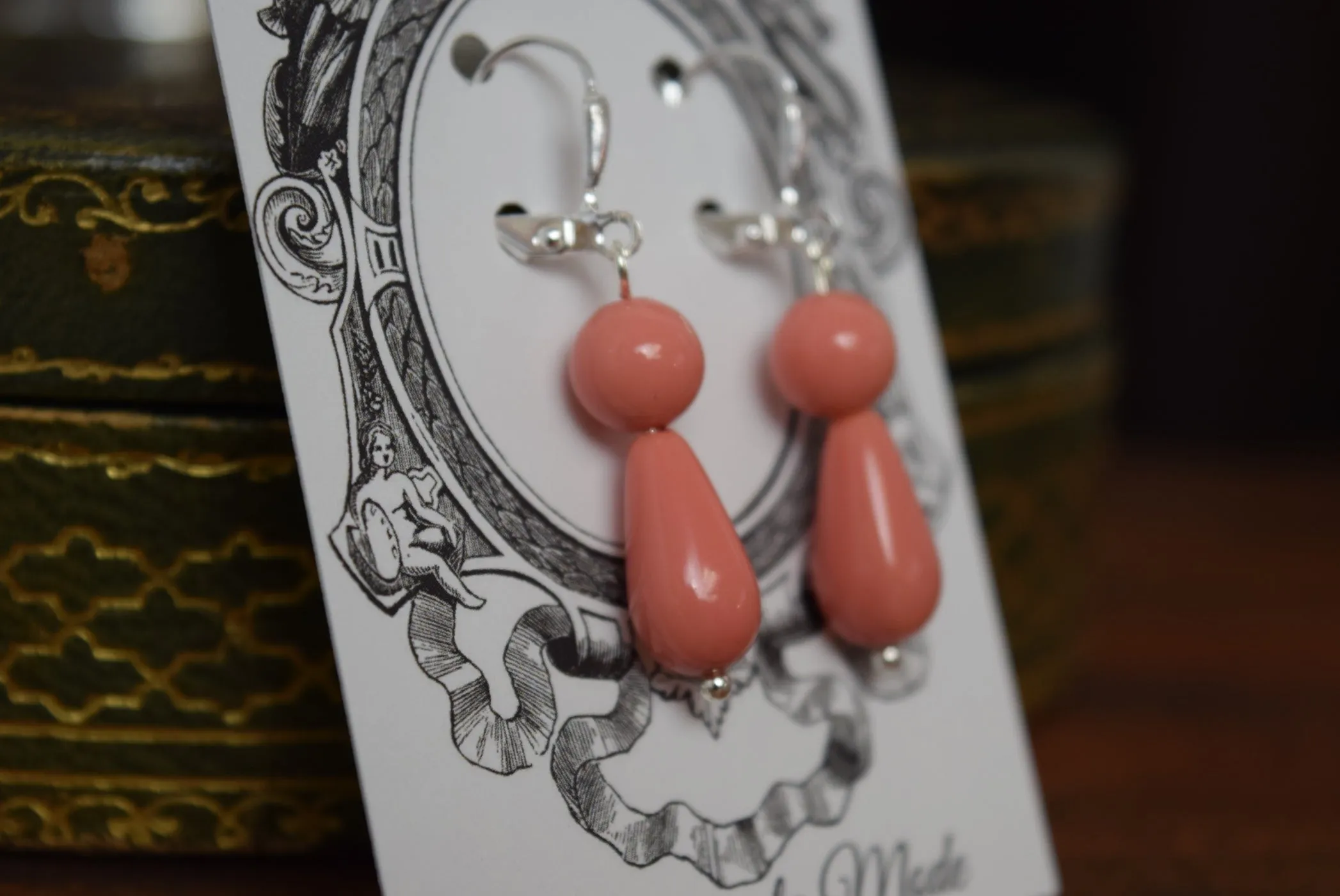 Pink Pearl Coral 2-stone teardrop earrings