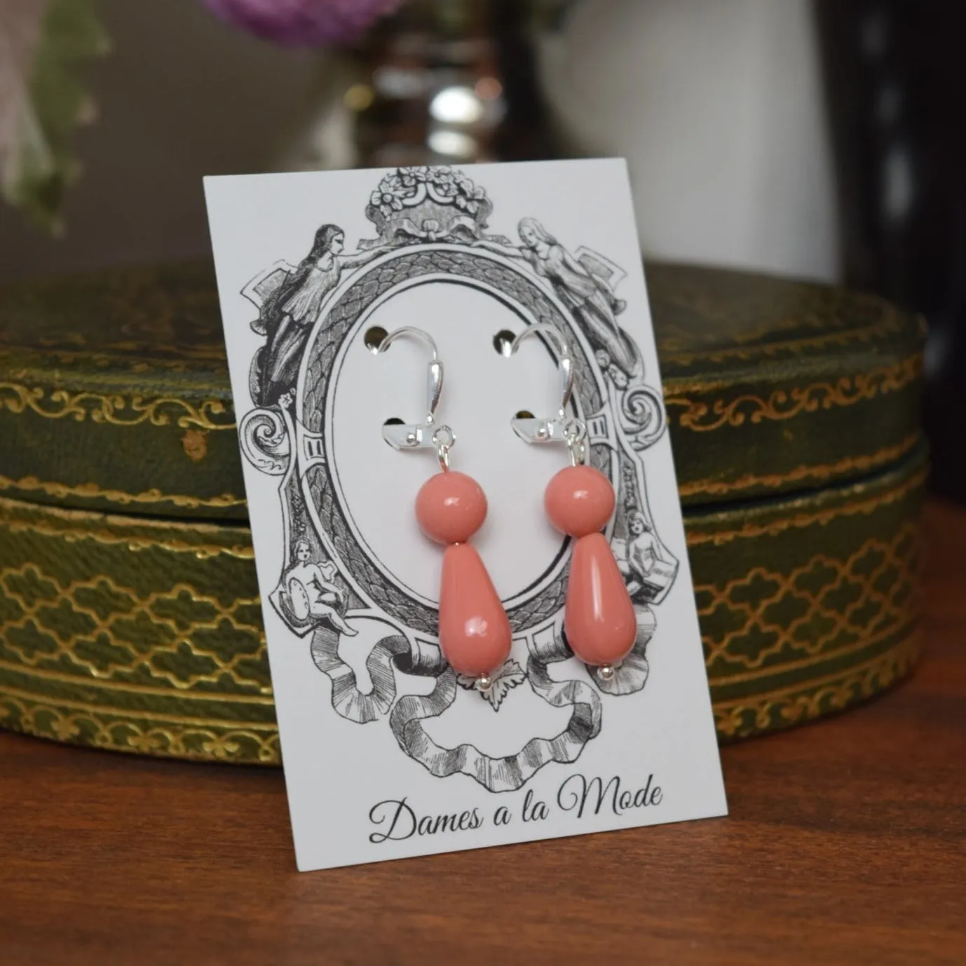 Pink Pearl Coral 2-stone teardrop earrings