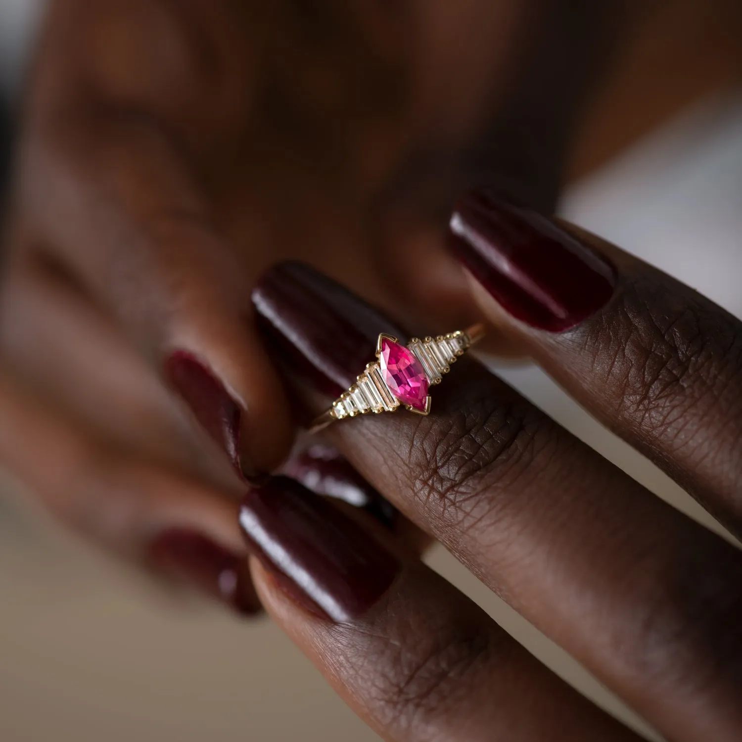 Pink Spinel Engagement Ring with a Dainty Diamond Lineup