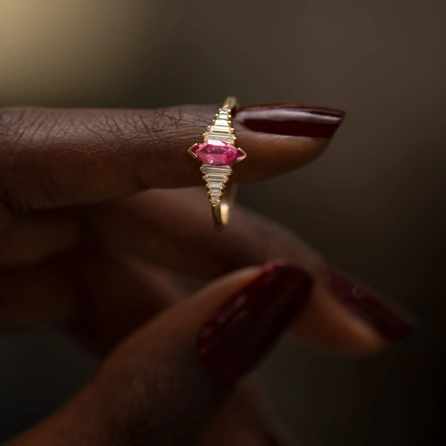 Pink Spinel Engagement Ring with a Dainty Diamond Lineup