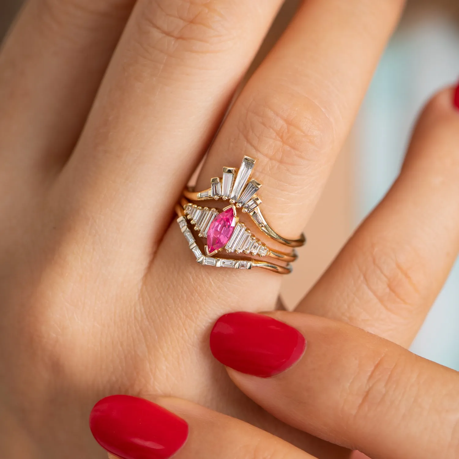 Pink Spinel Engagement Ring with a Dainty Diamond Lineup