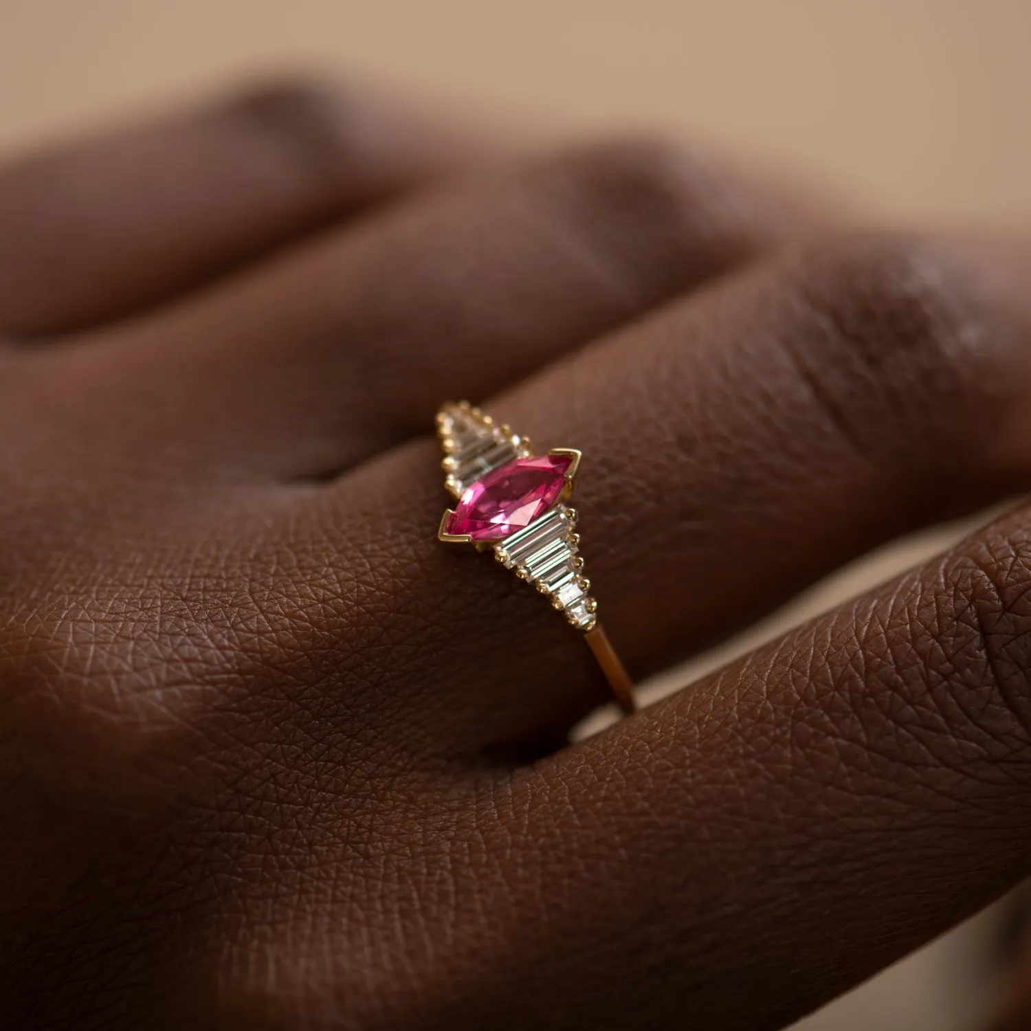 Pink Spinel Engagement Ring with a Dainty Diamond Lineup