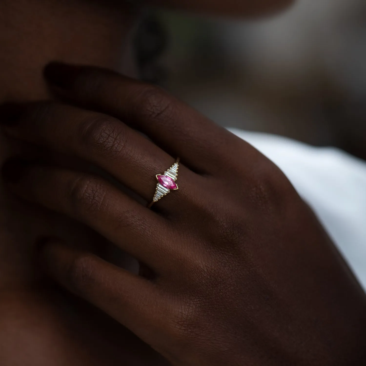 Pink Spinel Engagement Ring with a Dainty Diamond Lineup