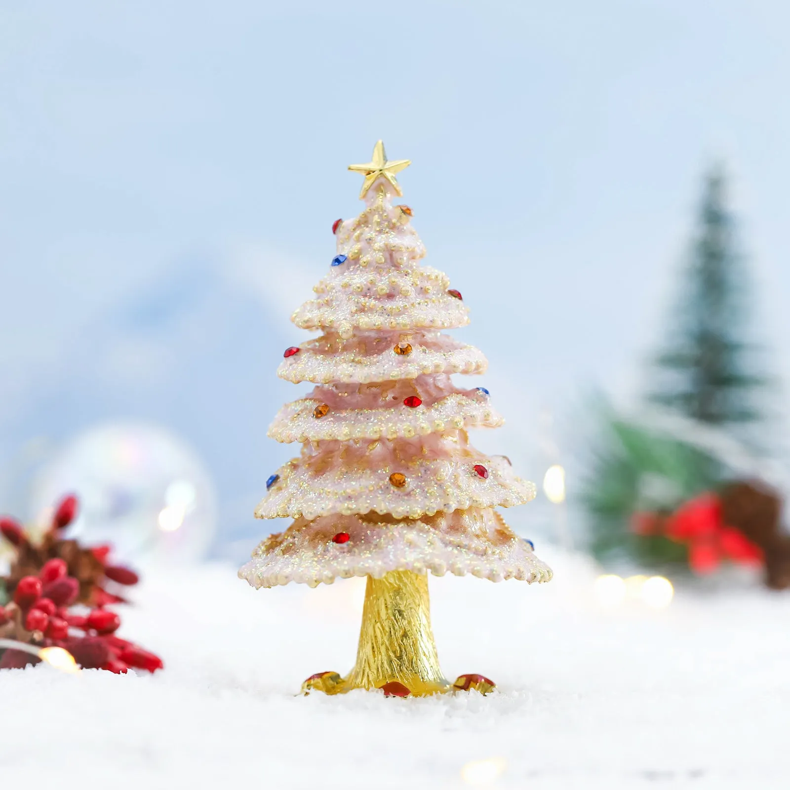 Pink Twinkle Christmas Tree Jeweled Trinket Box