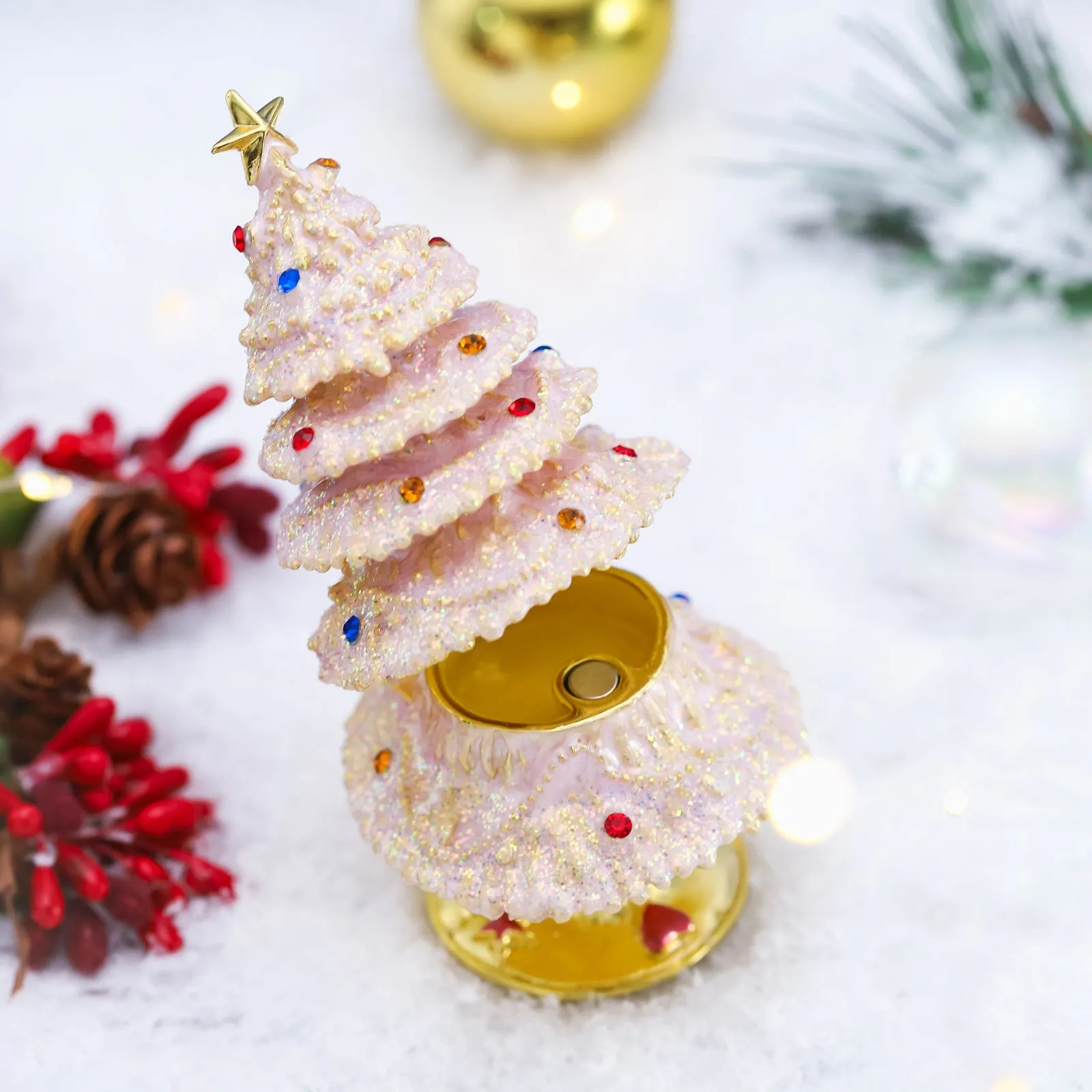 Pink Twinkle Christmas Tree Jeweled Trinket Box