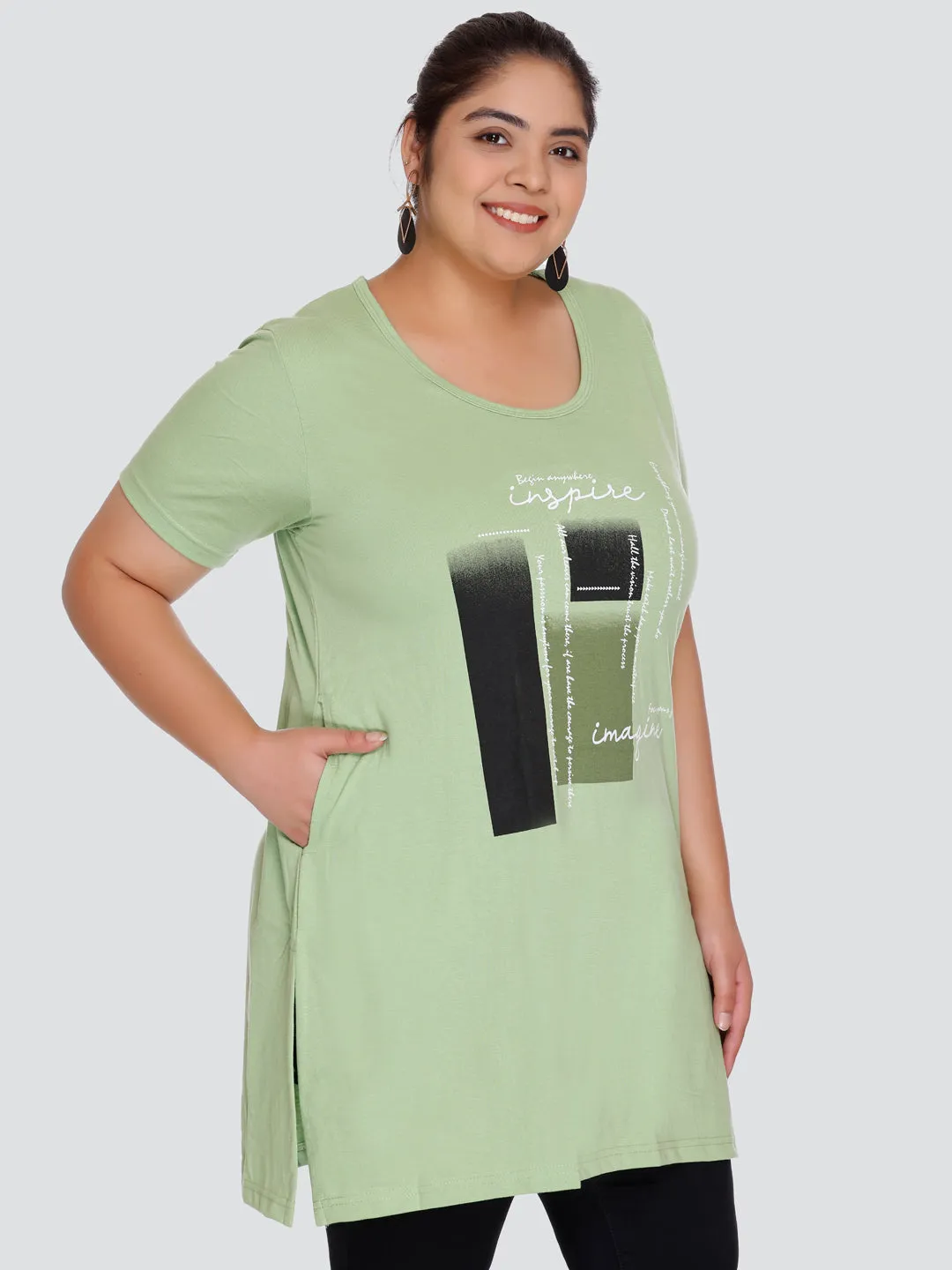 Plus Size Long T-shirt For Women - Half Sleeve - Green