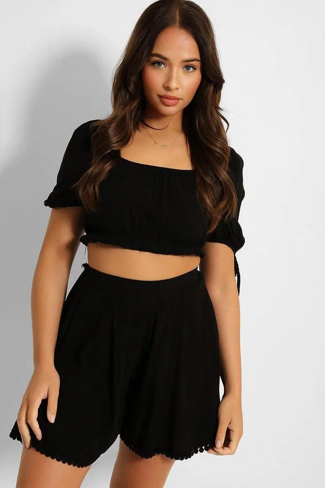 Puff Sleeve Crop Top And Pleated Shorts Set