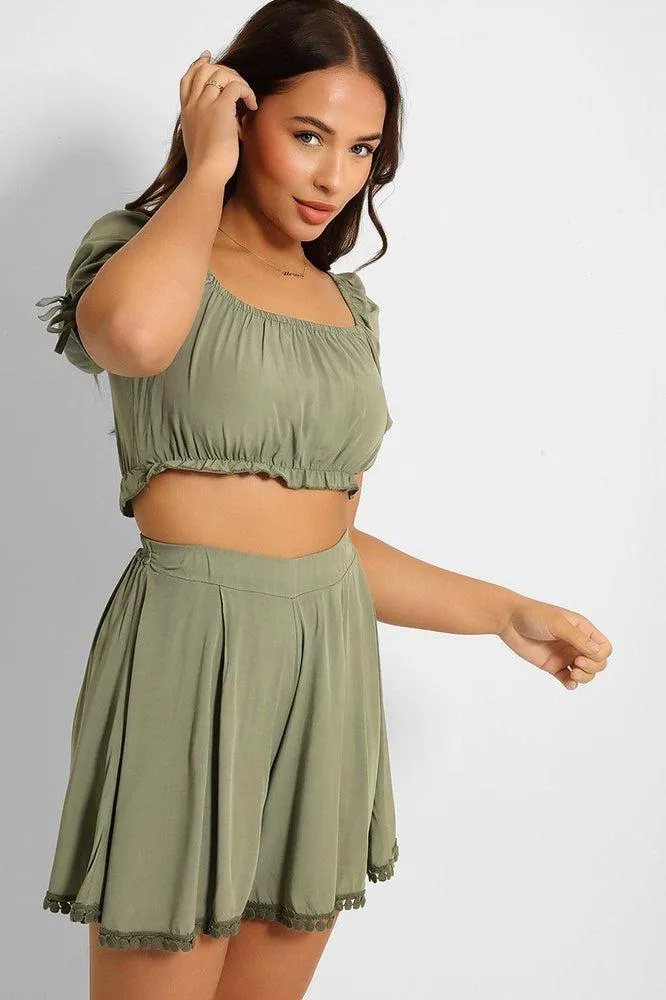 Puff Sleeve Crop Top And Pleated Shorts Set