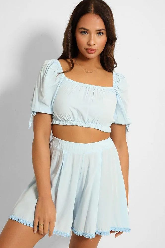 Puff Sleeve Crop Top And Pleated Shorts Set