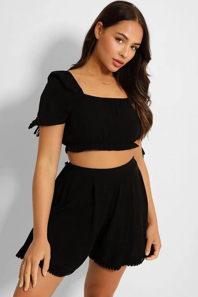 Puff Sleeve Crop Top And Pleated Shorts Set