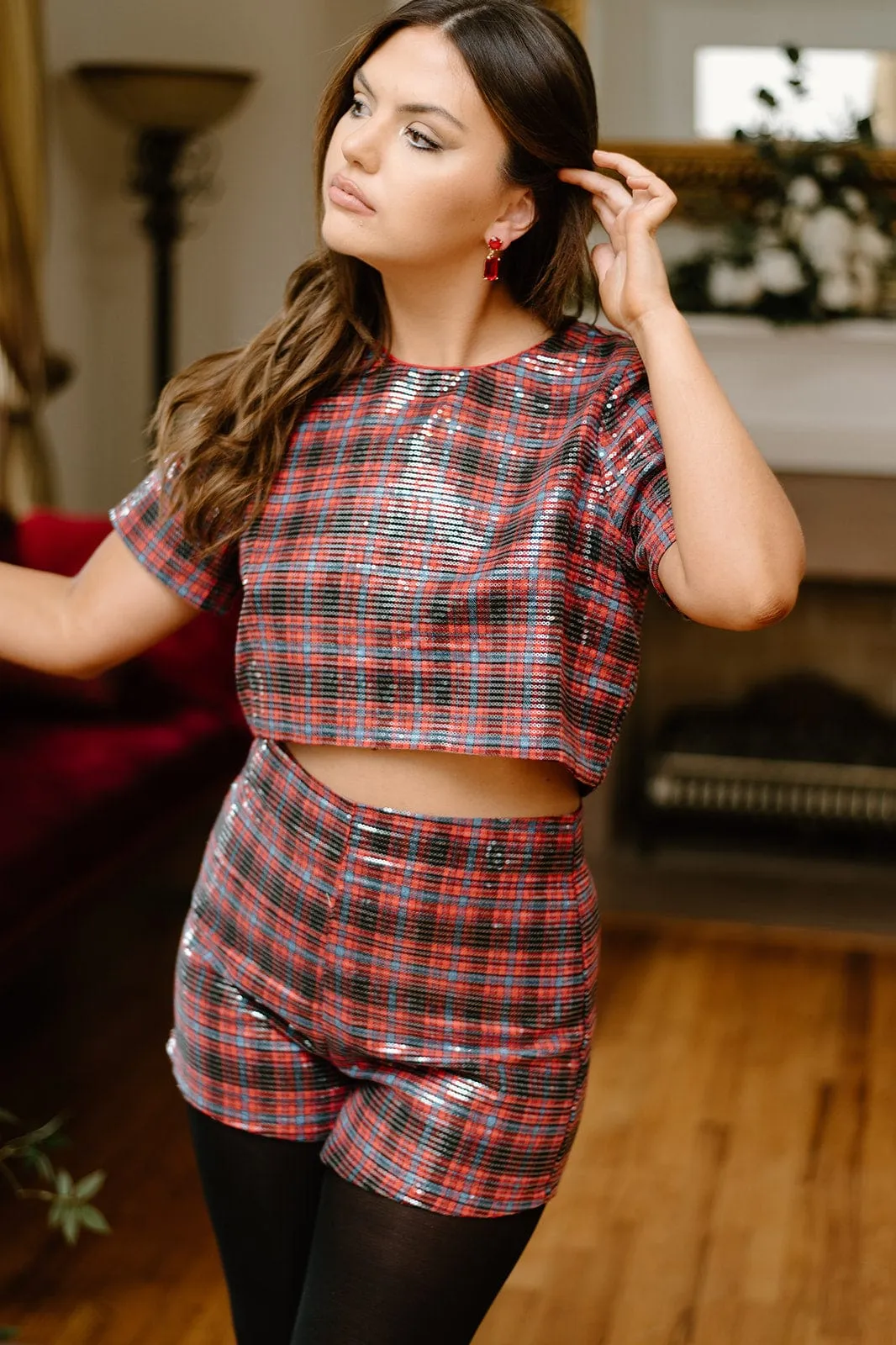 Red Plaid Sequin Shorts Set