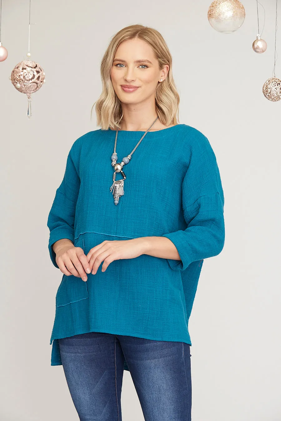 Saloos Stylish Cotton Top with Side Pocket and Necklace