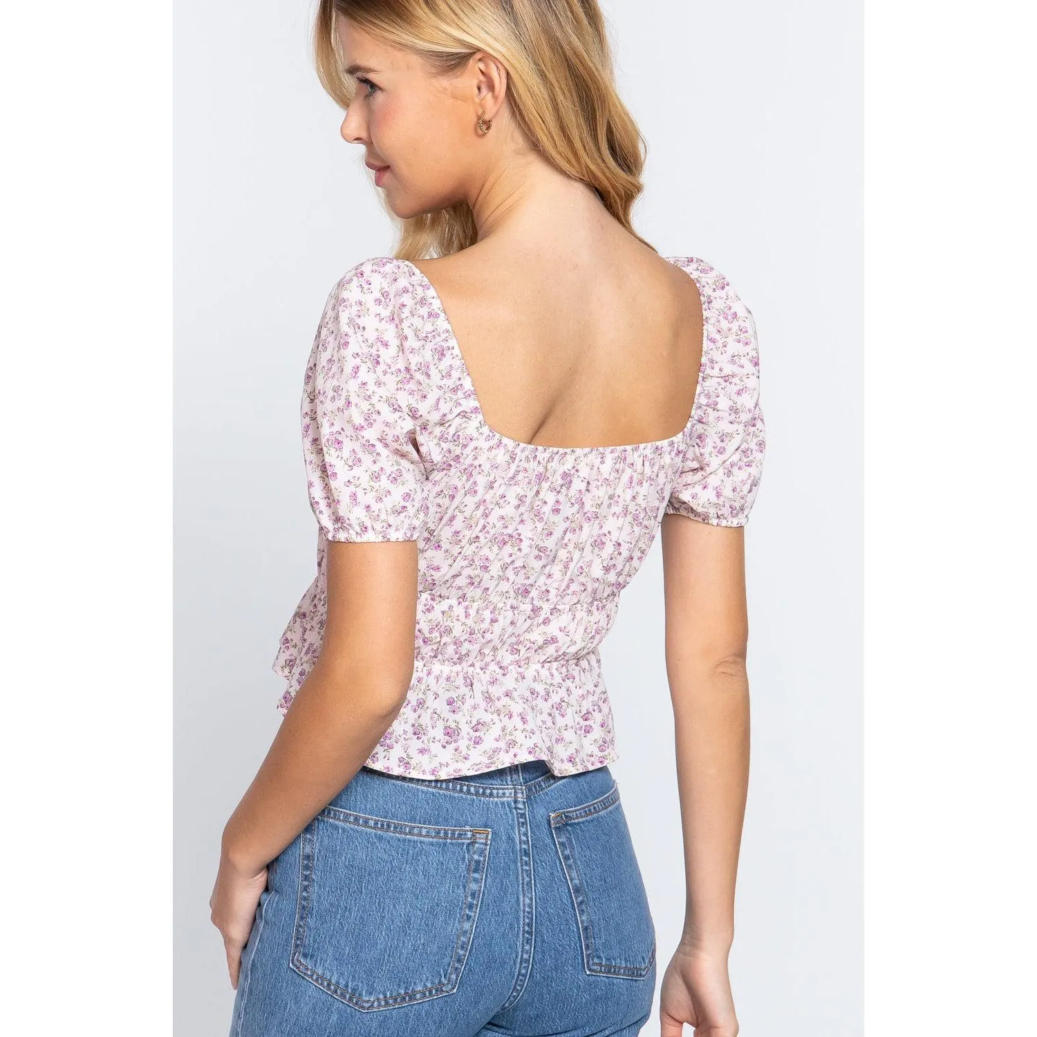 Short Slv Shirring Print Woven Top