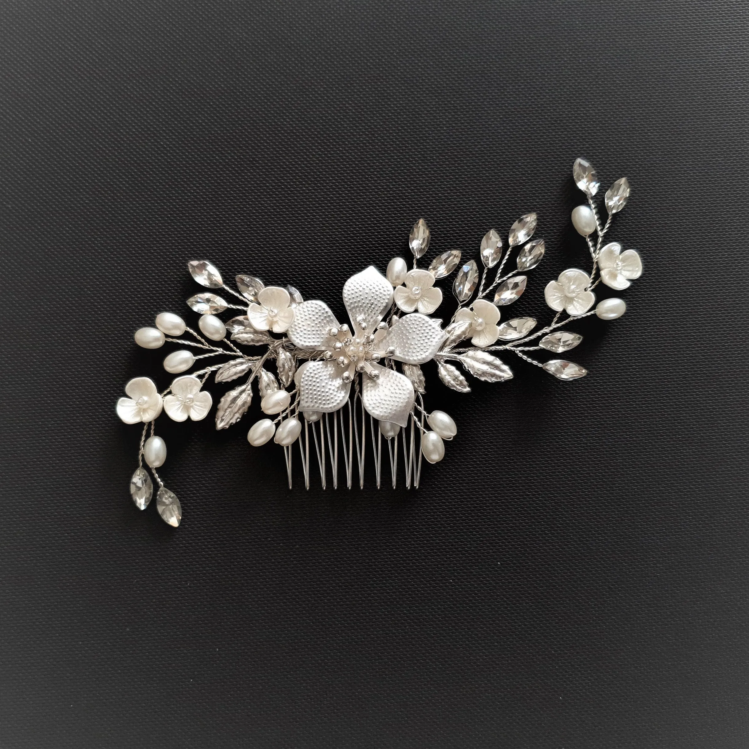 Silver Flower Wedding Hair Piece-Freya