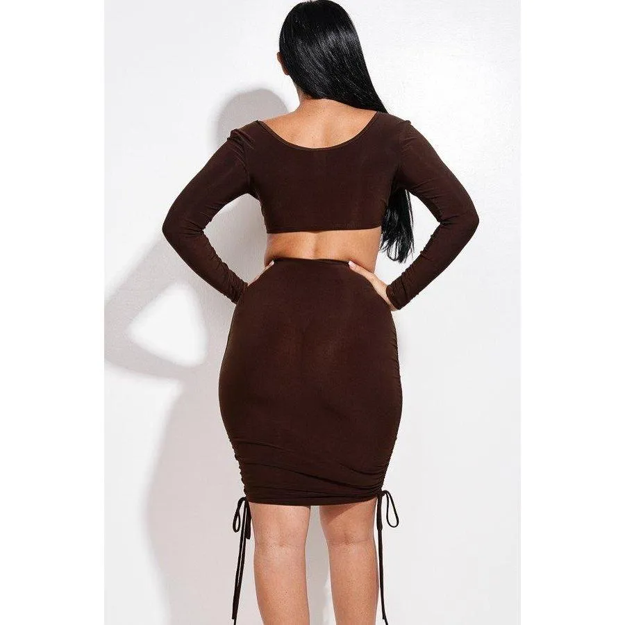 Solid Long Sleeve Ruched Short Dress With O Ring