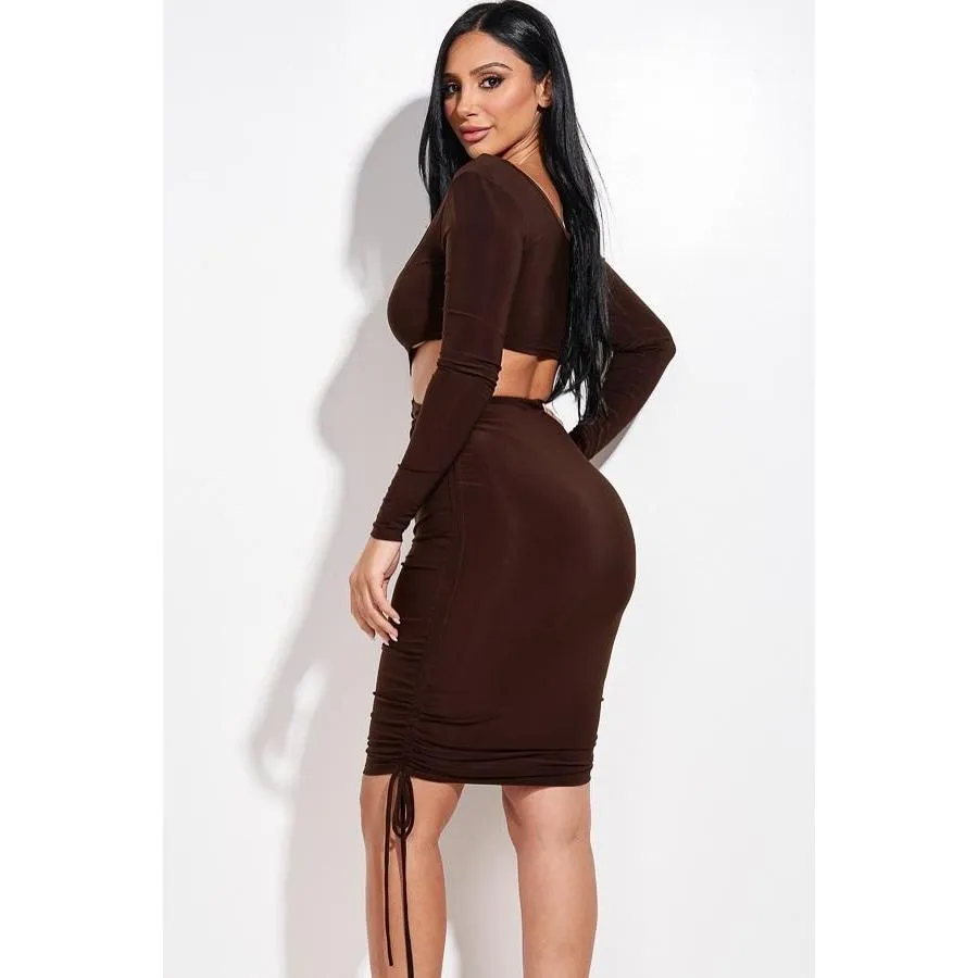 Solid Long Sleeve Ruched Short Dress With O Ring