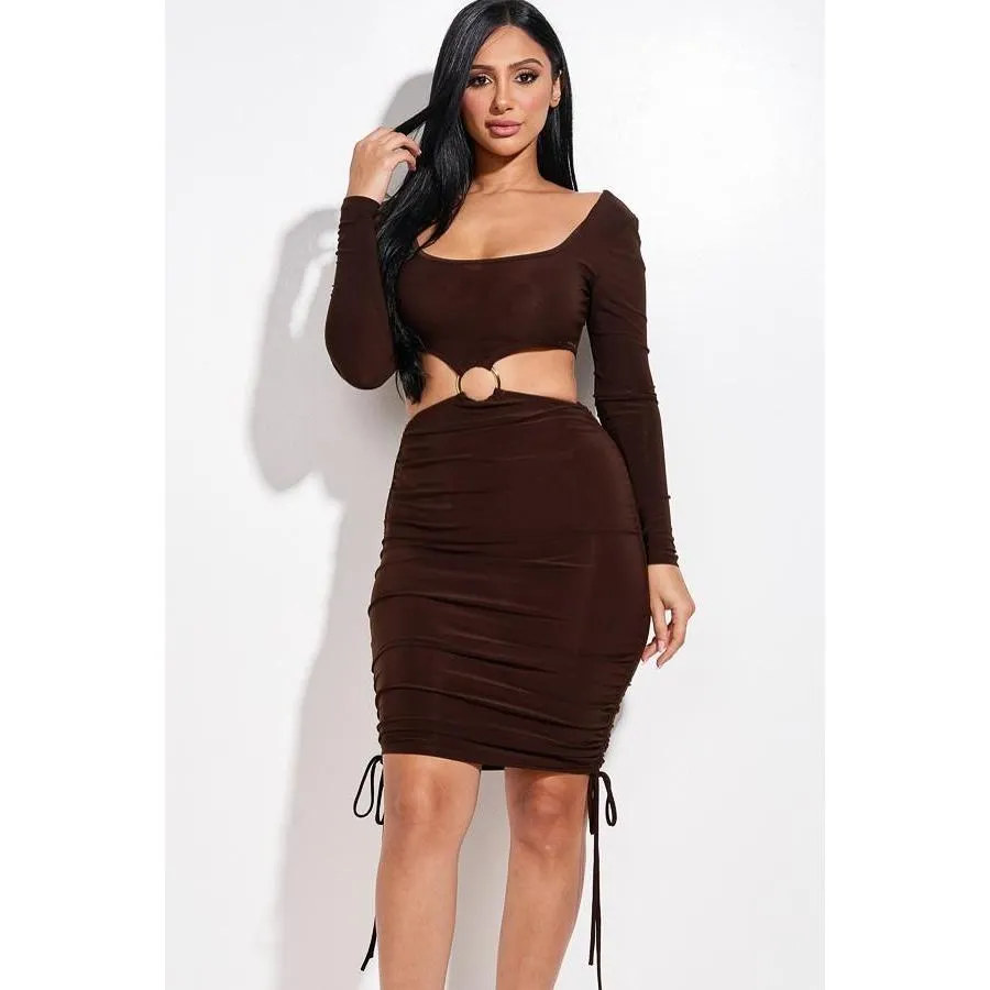 Solid Long Sleeve Ruched Short Dress With O Ring