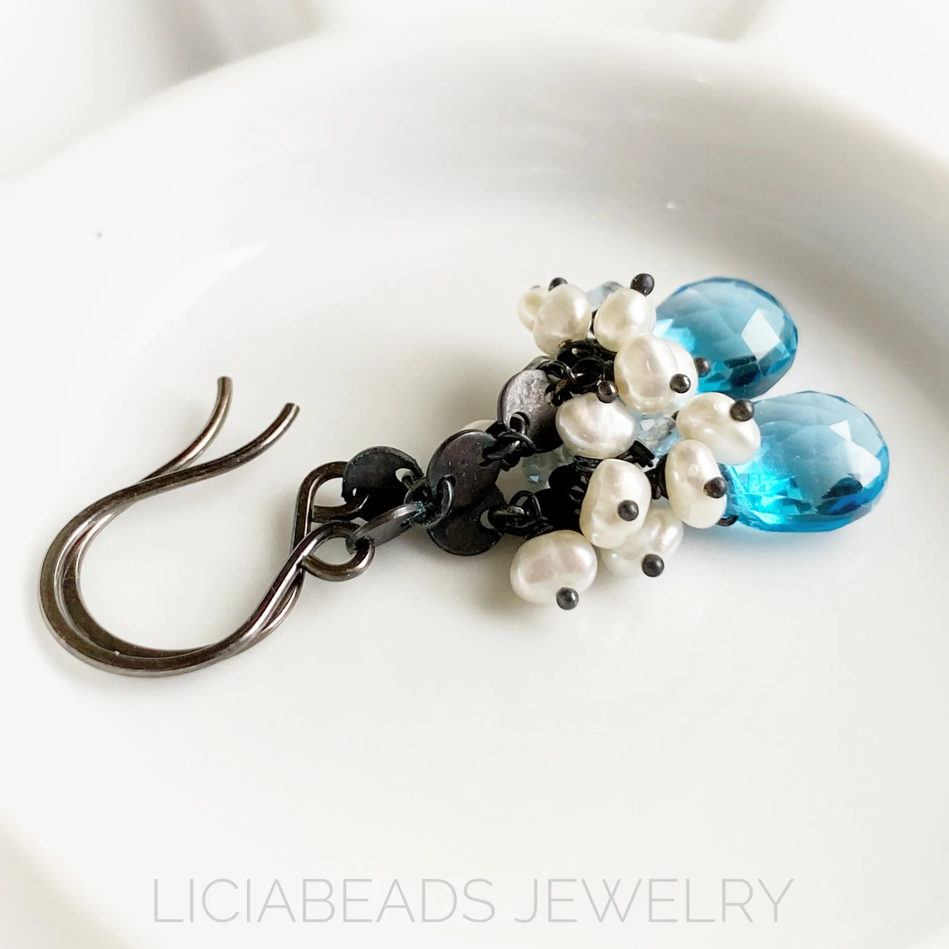 Swiss Blue topaz and pearls on blackened sterling silver