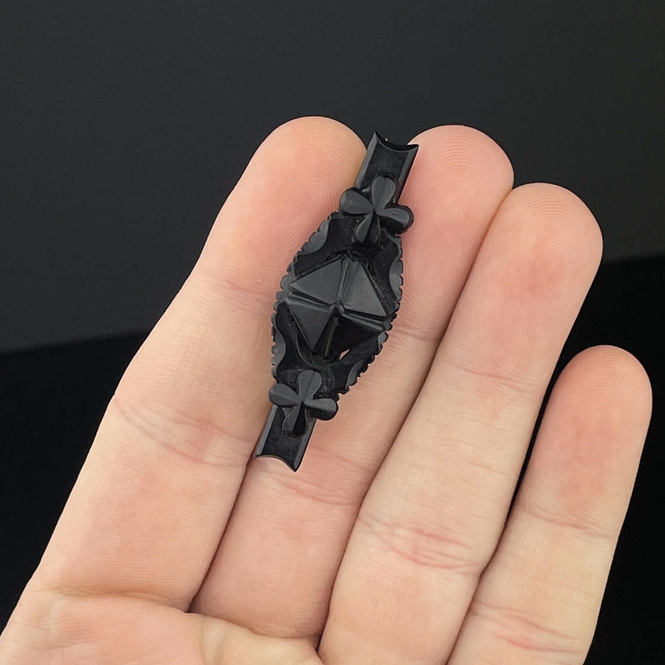 Victorian Mourning Carved Whitby Jet Brooch