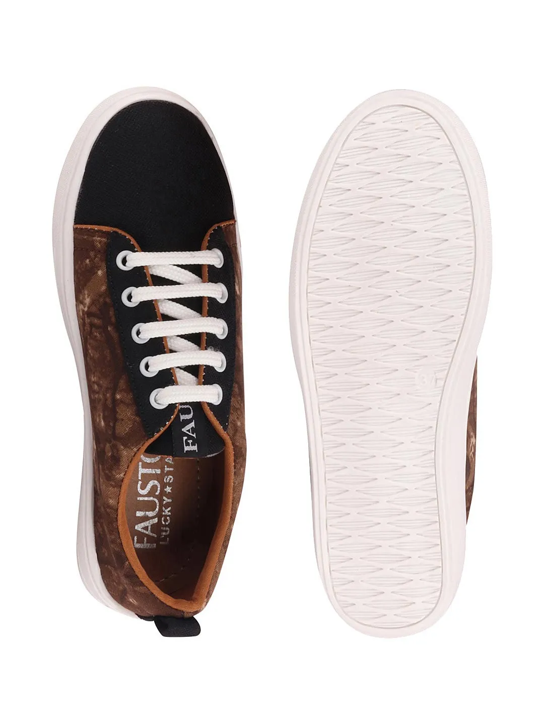 Women Black/Brown Casual Canvas Lace-Up Sneakers