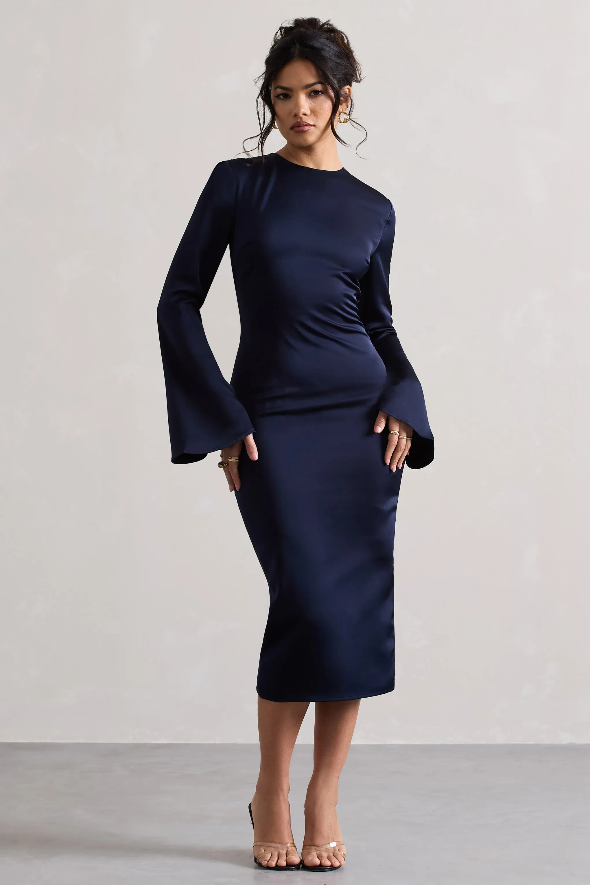 Zaina | Navy Long Sleeve Midi Dress with High Neckline