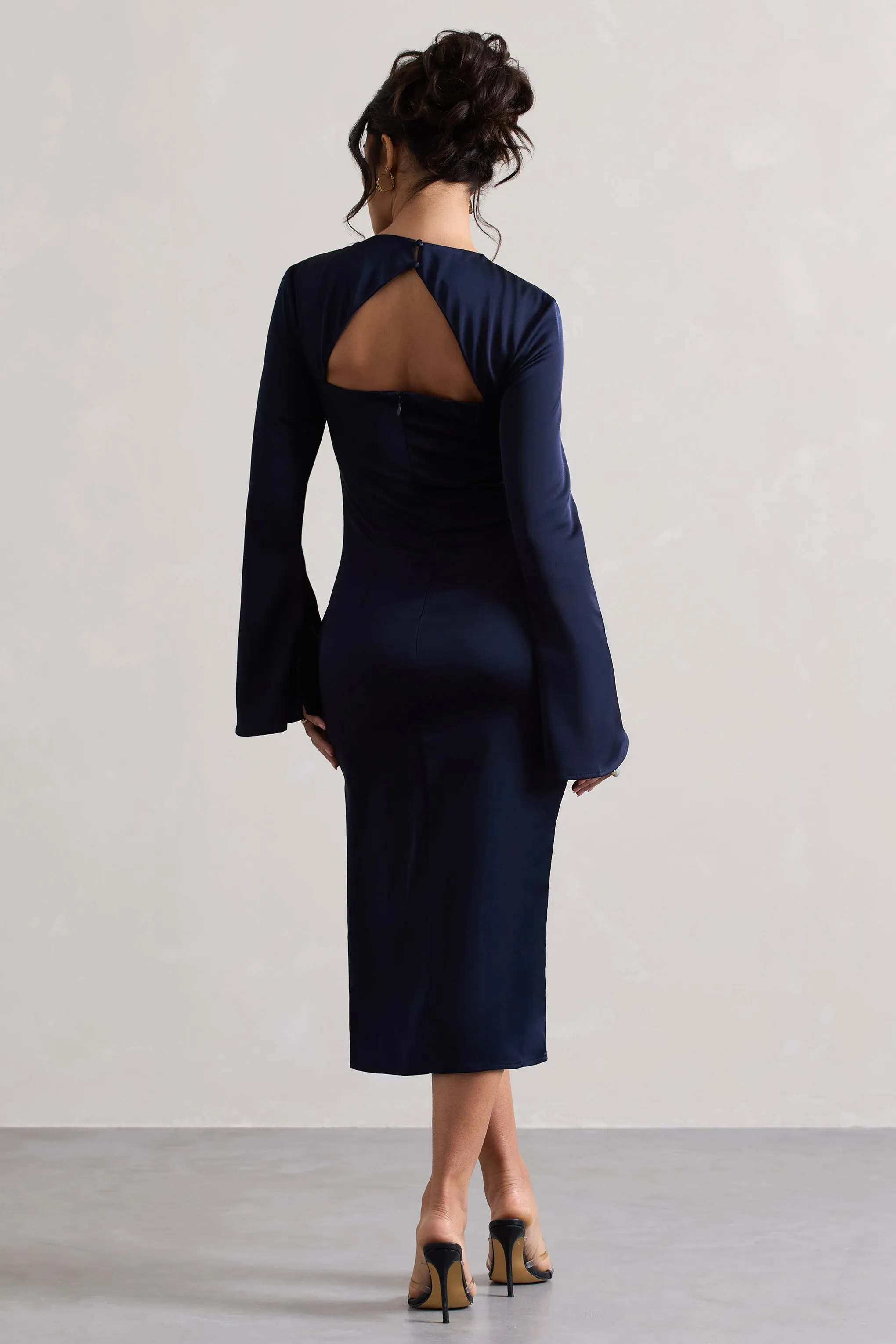 Zaina | Navy Long Sleeve Midi Dress with High Neckline